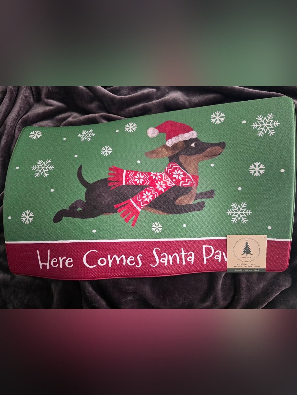 Festive "Here Comes Santa Paws" Dachshund Holiday Anti-fatigue Mat - Red & Green